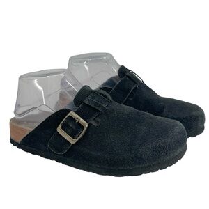White Mountain “Boston” Black Suede Clogs Slip On Cork Sole Mules Slides | 7